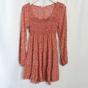 Long Sleeve Orange Patterned Dress, Women’s Large